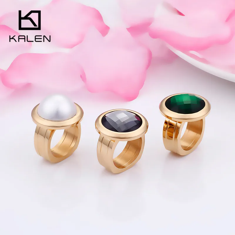 KALEN 1 Pcs Stainless Steel Bulgaria Gold Color Rings Women Bohemia Colorful Stone Finger Rings Size 6 7 8 9 Cheap Rings Jewelry