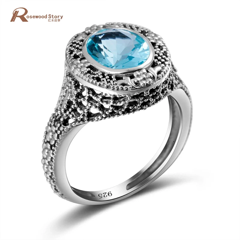 

100% Handmade Sterling Silver 925 Jewelry Hollow Out Round Shaped Sky Blue Crystal Ring Fashion Design Women Vintage Jewelry