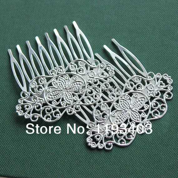 10PCS  Flower Filigree  Silver plated Brass hair combs base setting  Nickel Free Lead Free(COMBSS-17)