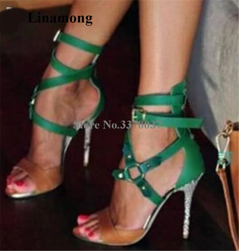 

Summer New Fashion Women Open Toe Green Straps Stiletto Heel Gladiator Sandals Patchwork Buckles High Heel Sandals Dress Shoes