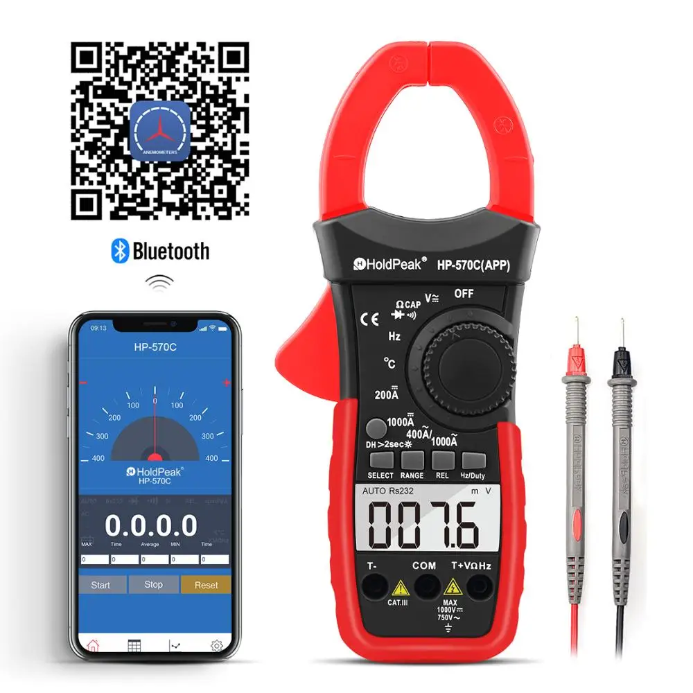 Holdpeak Digitale Stroomtang HP-570T-APP 1000A Ac/Dc Stroom Spanning Capaciteit Temperatuur Multimeter Aansluiten Op Telefoon Tester