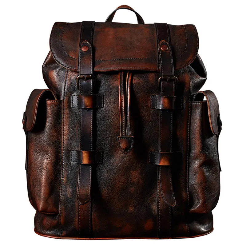 

Luxury Mens Cow Leather Backpack Mens Bag Dark Brown Simple Military Style