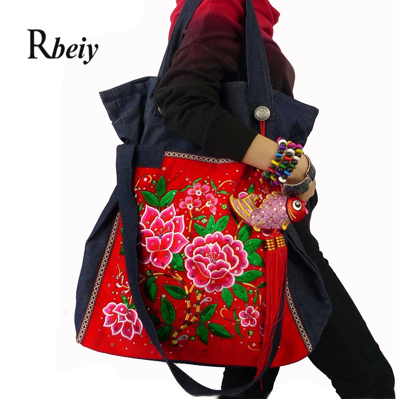 Women's bag National style large size canvas bags Bohemian embroidered denim bag  luxury shoulder bags