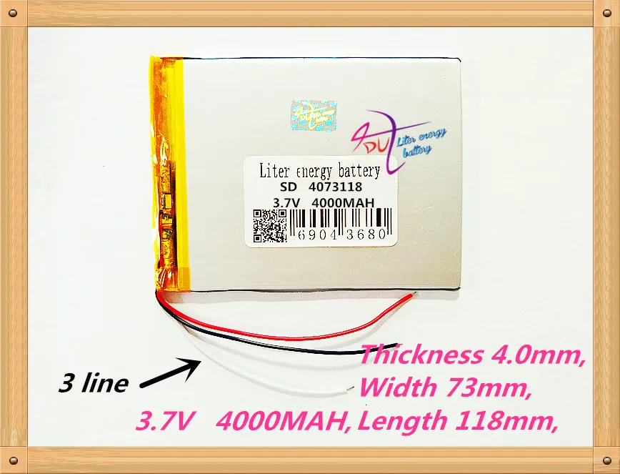 

3 line 4073118 3.7V 4000mah Polymer Lithium Li-Po Rechargeable Battery For GPS DVD PAD e-book tablet pc power bank video