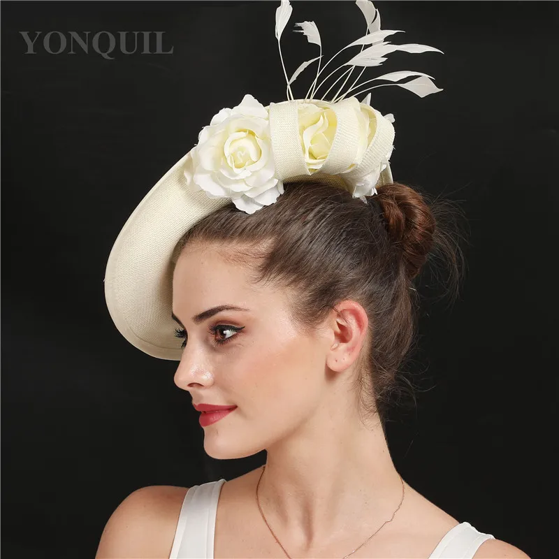 Beige Cocktailhut mit Blume Hochzeit Haarschmuck Kentucky Derby Fascinator Kopfbedeckung Hochwertiges Leinenimitat SYF666 – Detail 12