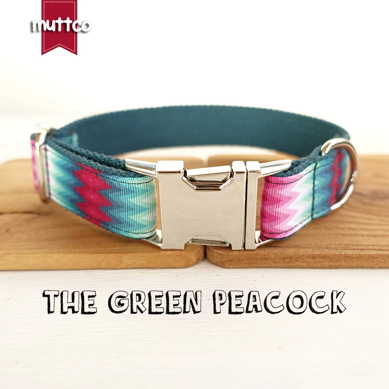 MUTTCO retailing cool self-design the GREEN PEACOCK print dog collar 5 sizes UDC010