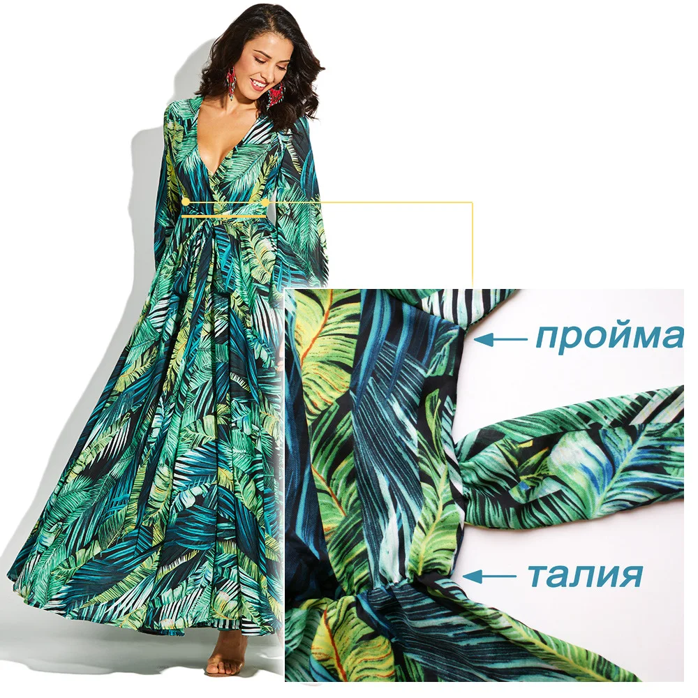 Primavera verão vestido de manga longa verde praia tropical vintage maxi vestidos boho casual v pescoço cinto rendas até túnica drapeado mais tamanho