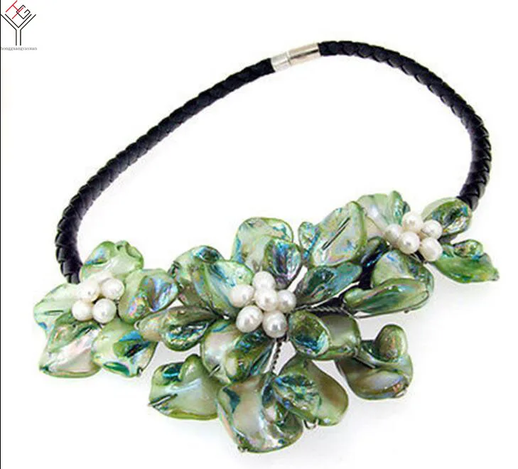 3 flowers pendant Women Jewelry natural white pearl bright green shell mother of pearl necklace black leather 18