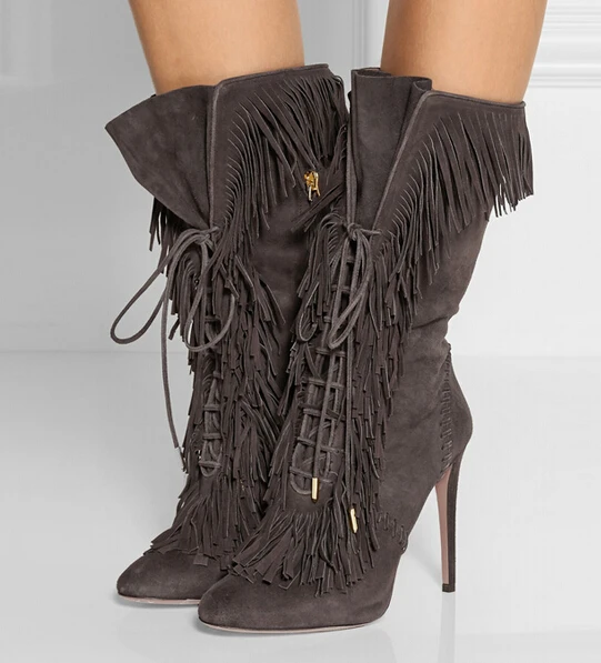 

Fall winter solid grey color lace up fringed mid-calf boots pointed toe side zipper high heels tassels boots women booties