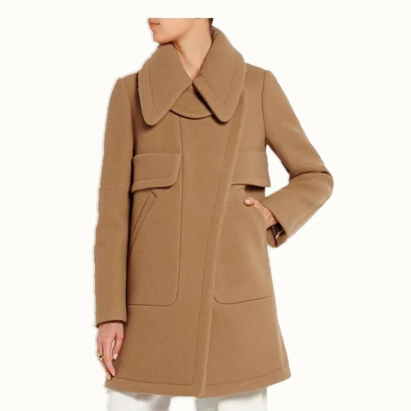 

2021 Autumn winter new fashion camel wool blends women vintage doll turn down collar a-line woolen coat