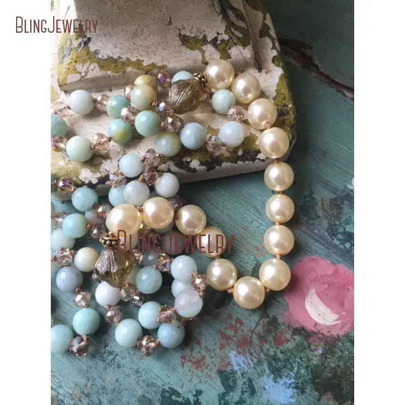 

Boho Chic Knot Faceted Amazonite Beads and Pearls Necklace Layering NM18287