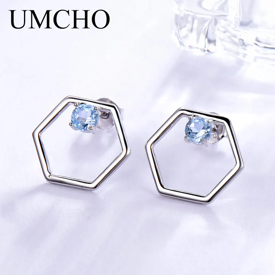 

UMCHO Natural Sky Blue Topaz Gemstone Earrings 925 Sterling Silver Stud Earrings Designer Jewelry Brand Fine Earrings For Women