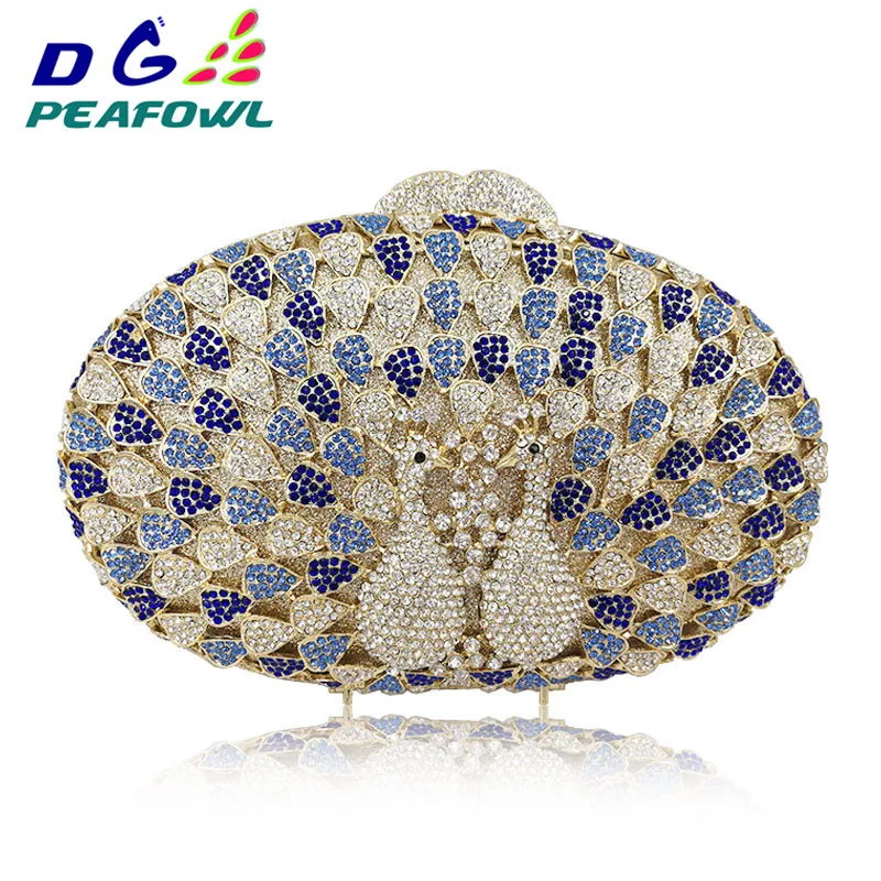 Pair Peacock Colorful Diamond Round Women Evening Bags Totes With Chains Shoulder Stuffed Animal Wedding Favour Bag Party Wallet