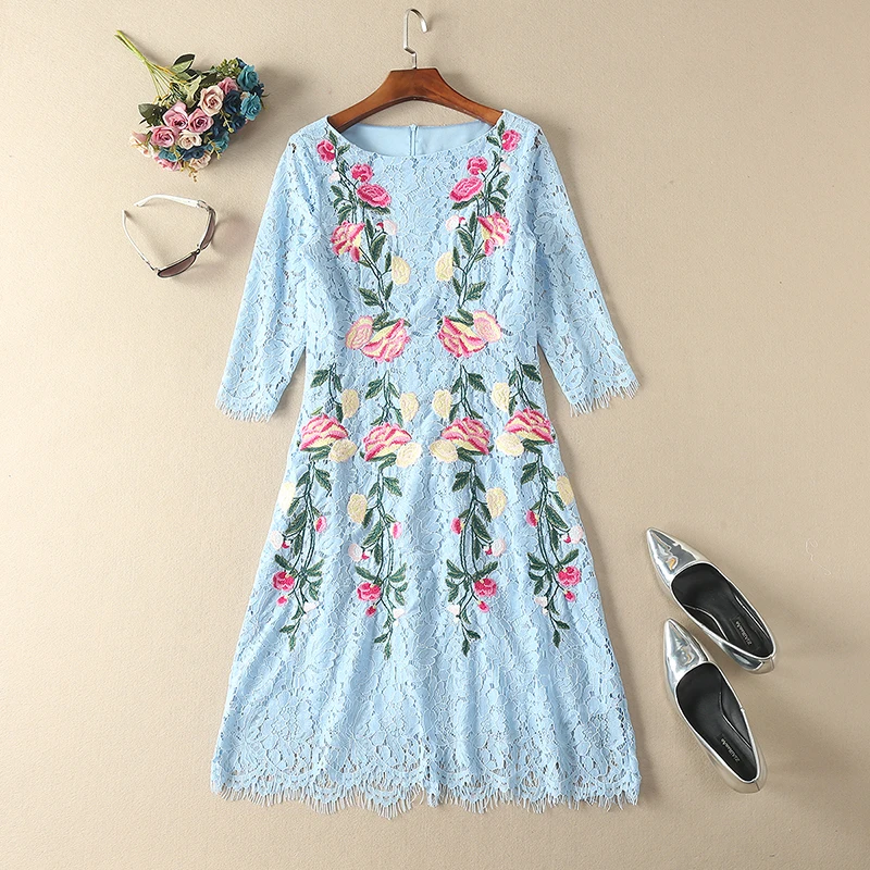 MIUXIMAO 2023 Spring Summer Dress Fashion Slim Elegant  Ebroidery Rose Flower Vintage Casual Blue  Long Lace Dress Women