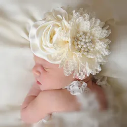 Babys girls Flower Headbands Newborn Infant Pearl Flowers With Lace wide Headwear Bebes Hair accessories Phoro props Kids Turban