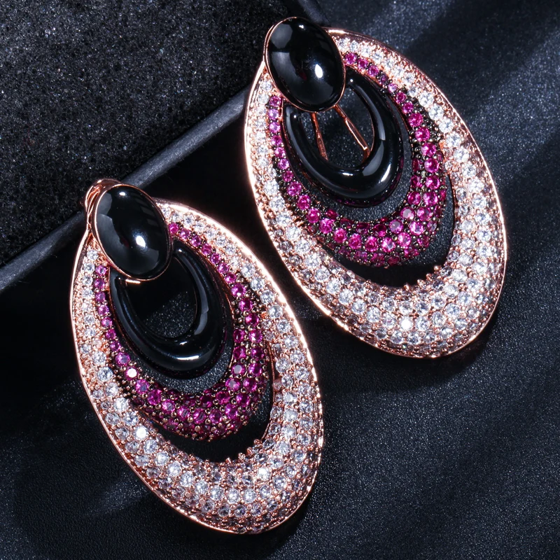 CWWZircons Luxury Brand Design Tiny Red Cubic Zirconia Pave Large Round Rose Gold Color Hoop Earrings Jewelry for Women CZ417