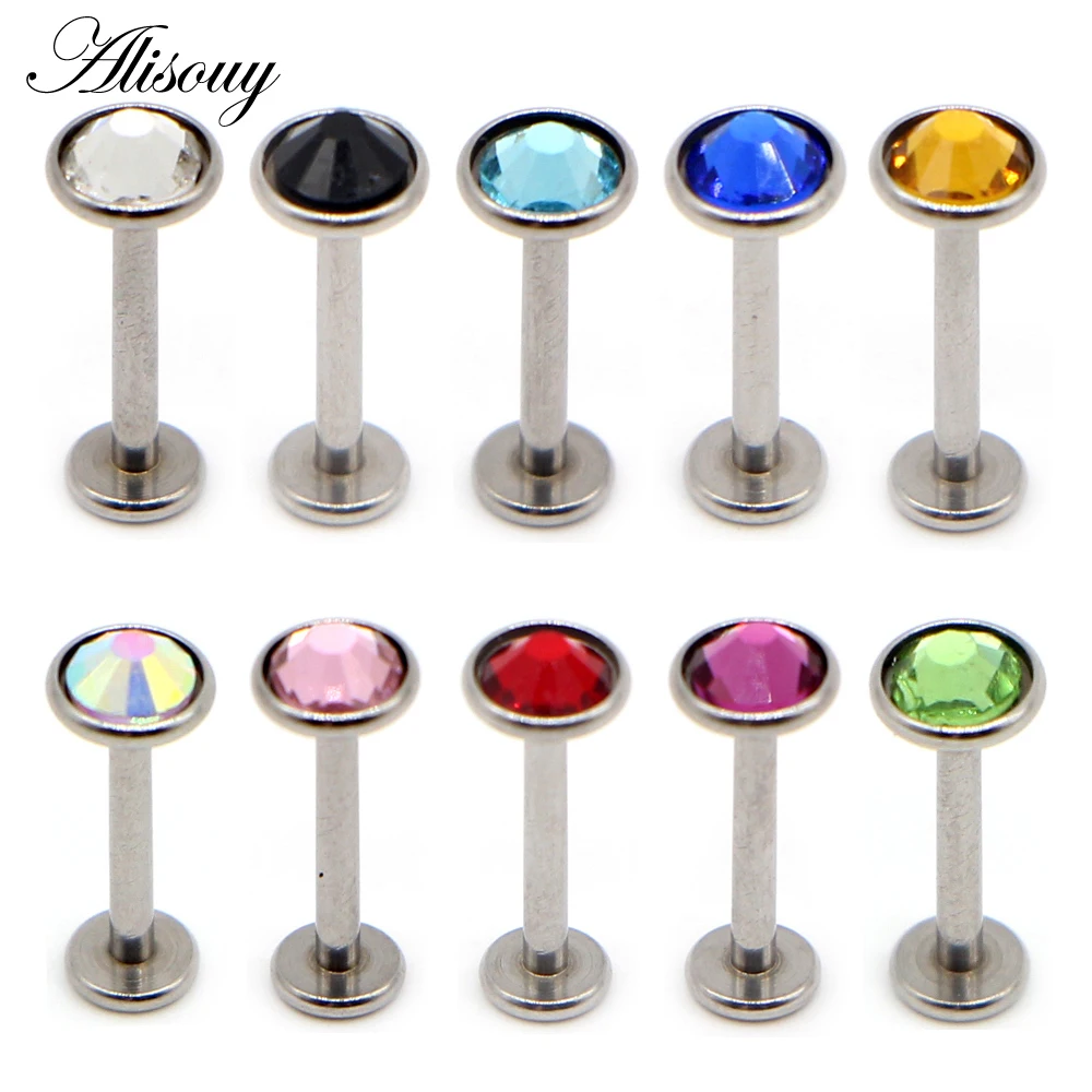 Alisouy 1pc Cartilage Stainless Steel Earring Flat CZ Crystal 16G Labret Lip Piercing Tragus Rings Helix Ear Stud Body jewelry