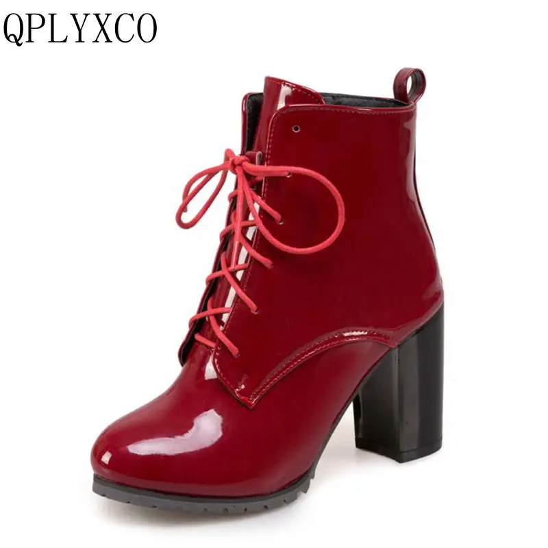 QPLYXCO Sale New Super Big Small Size 31-50 Winter warm ankle Boots Patent Leather shoes Women short Boots Lace up pumps T3-1