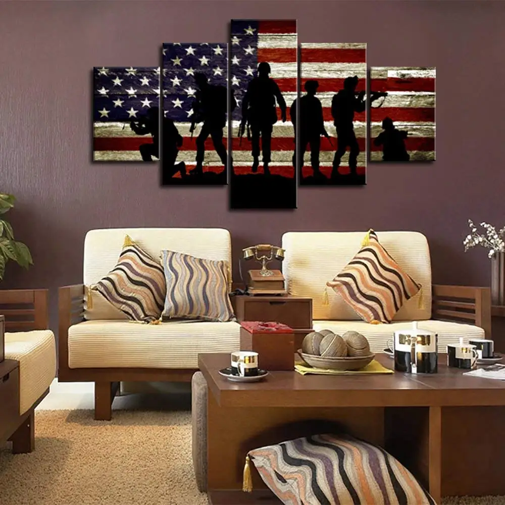 Canvas Home Decor Framework Wall Art Pictures 5 Pieces American Flag Paintings Living Room HD Prints Abstract Soldiers Posters