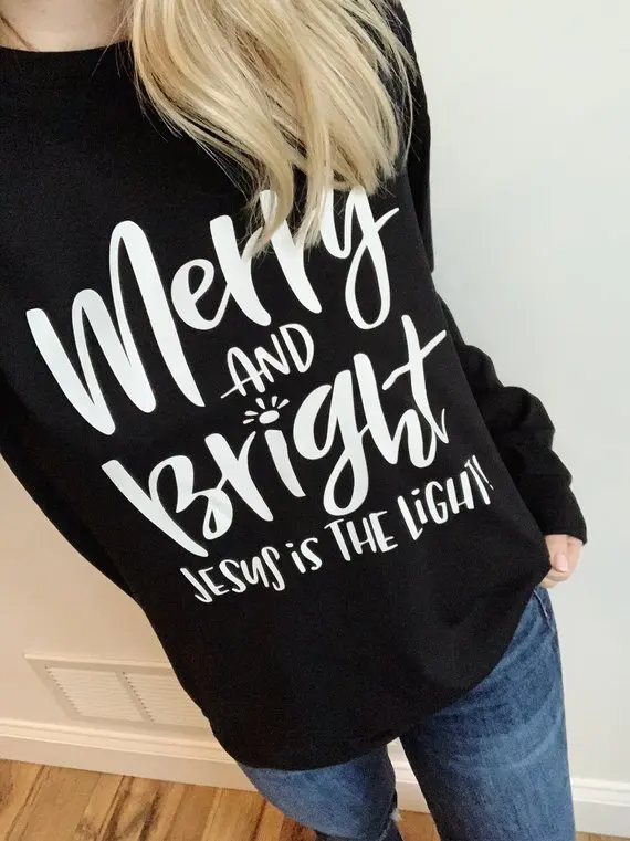 Sugarbaby Merry and Bright Long Sleeve Christmas Be The Light Christmas Gift Bible Verse Christian Jumper Merry Christmas Top