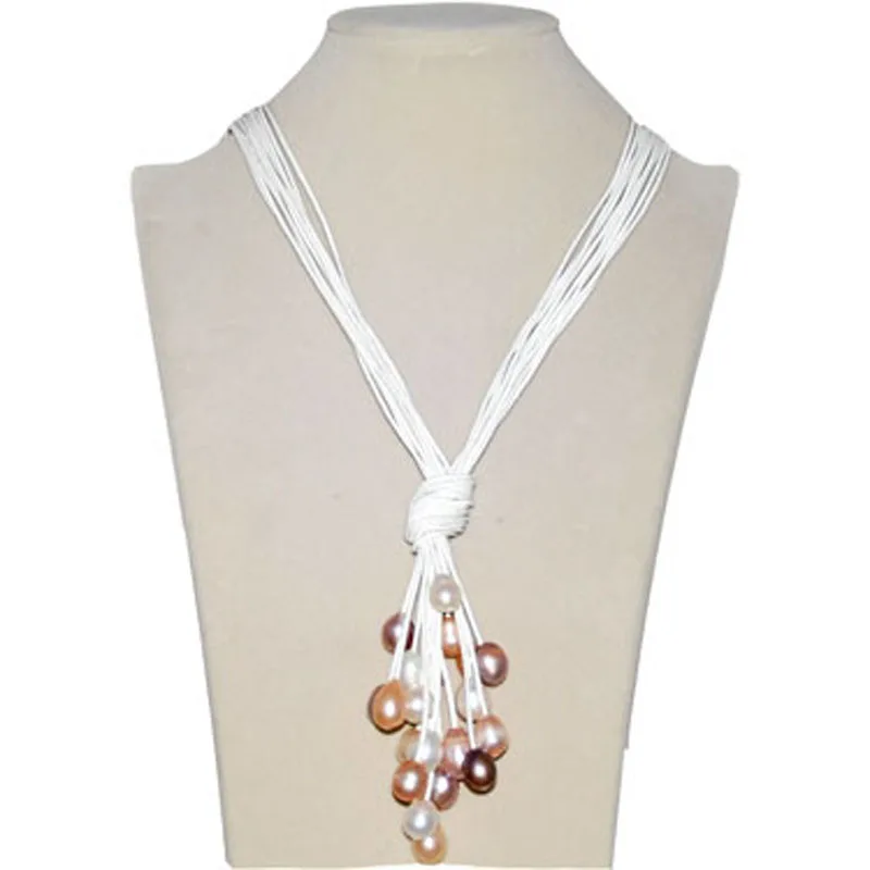 

White Trendy New Design Multi Strand Natural White Rice Pearl Lariat Leather Necklace