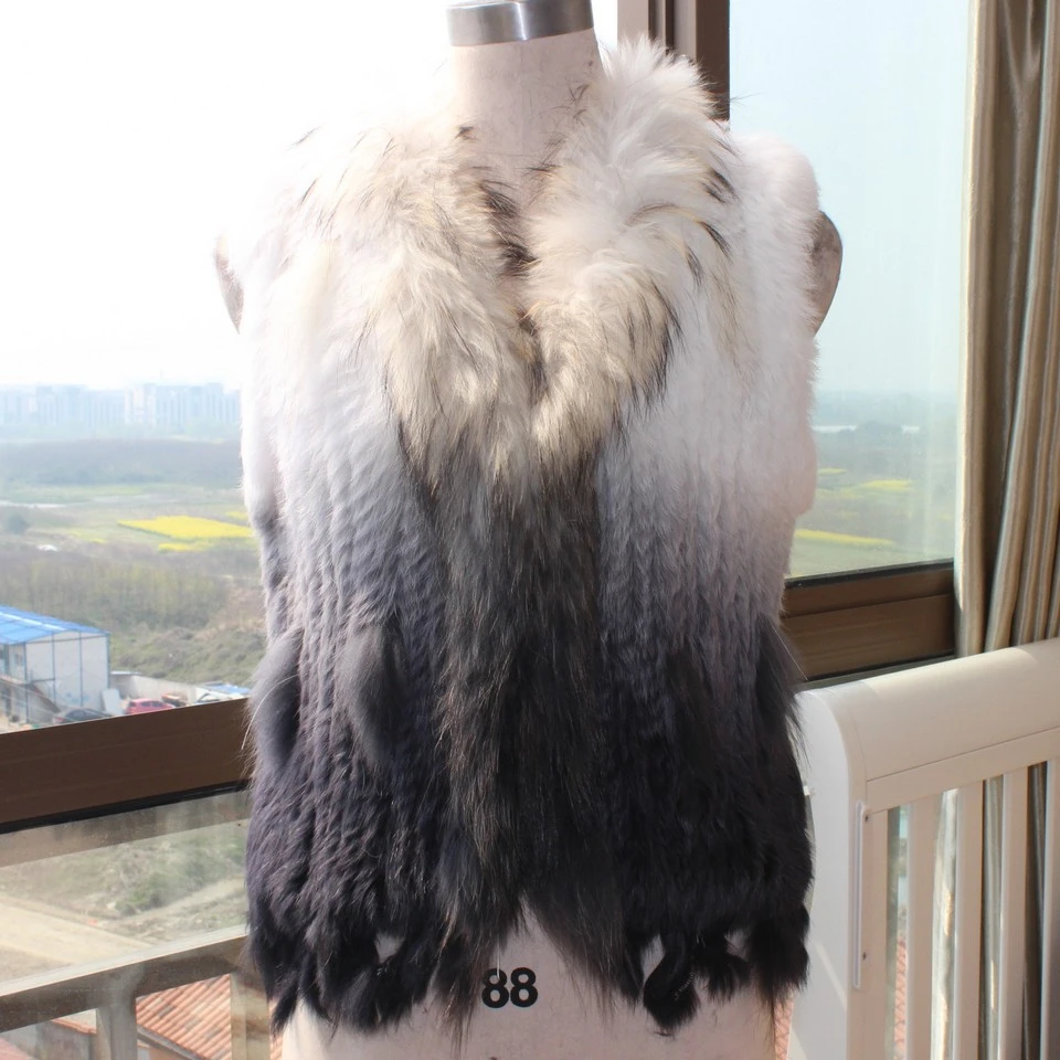 FXFURS  2020  Knitted Rabbit Fur Gilet/waistcoat Fashion Raccoon Fur Collar Women Rabbit Fur Vest in Stock Gradient Color