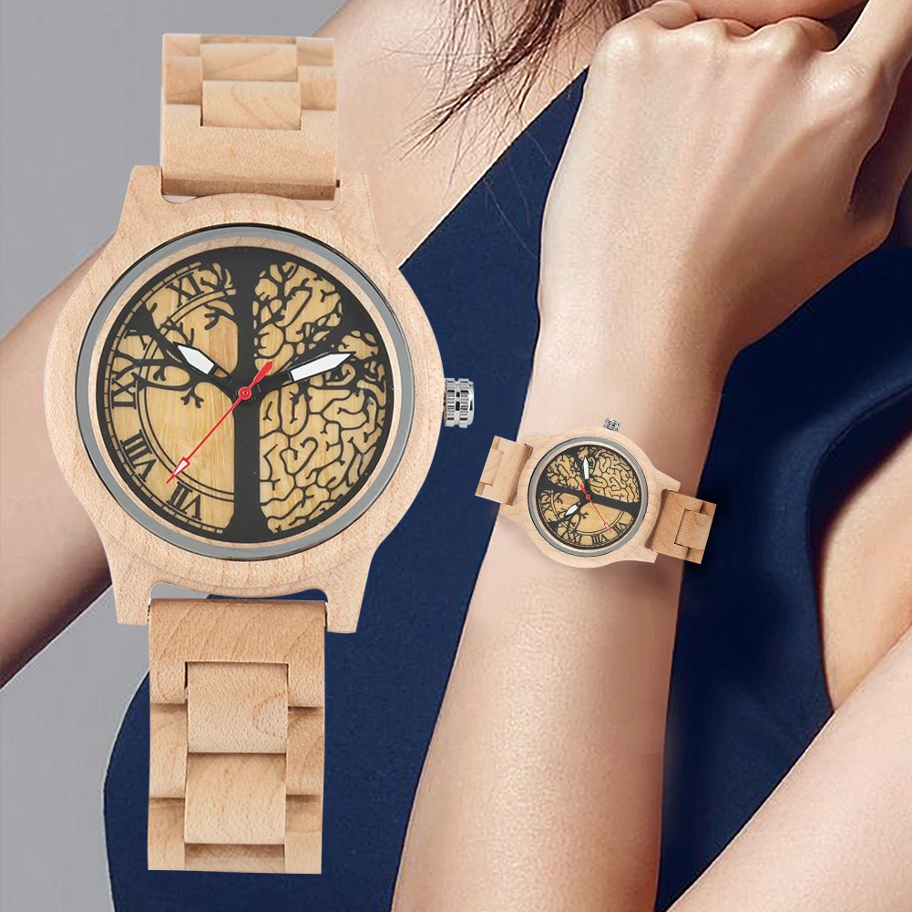 Women\'s Watch Wood Quartz Watch Natural Wood Wristwatch Luminous Full Maple Tree of Life Pattern Dial