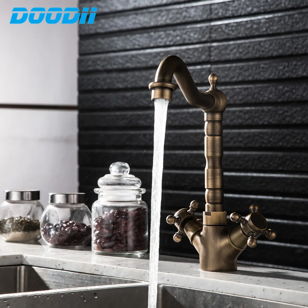 360 Degree Turn Kitchen Mixer Bathroom Sink Faucet Antique Bronze Finished Hot and Cold Water Mixer Tap Crane With Pop Up DOODII