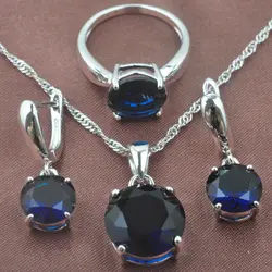 Women's Blue Zirconia Round Design Silver Color Jewelry Sets Necklace Pendant Earrings Rings  TS0219