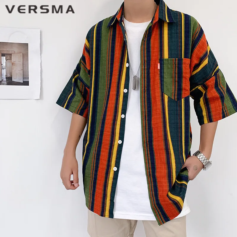 

VERSMA Korean Harajuku Ulzzang Striped Short Sleeve Shirt Men Summer Chic Hawaiian Oversized Blue Dress Shirts Male Dropshipping