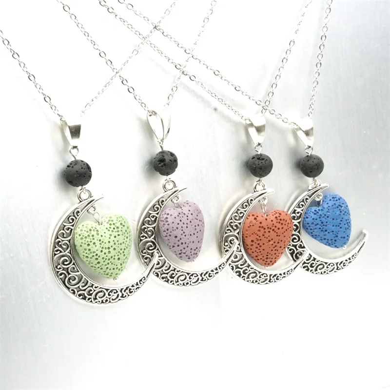 Heart Lava Stone Aroma Essential Oil Diffuser Necklace Aromatherapy Jewelry Minimalist Lava Rock Stone Moon Necklace 12 colors