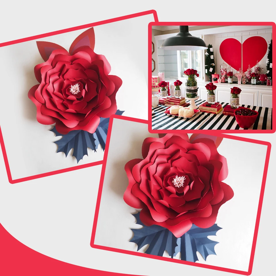 DIY Large Red Giant Paper Flowers Rose Fleurs Backdrops 1 Piece+ 2 Leaves +2 Ears For Baby Shower Kids Birthday Nursery Video