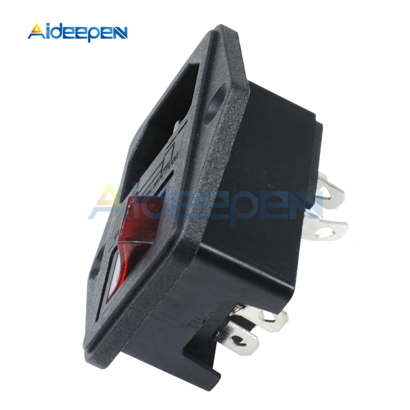 1 قطعة AC 250V 10A أسود أحمر الطاقة المقبس 3 دبوس محطة مع الصمامات حامل الروك الطاقة المقبس الأحمر ضوء 3P محطة