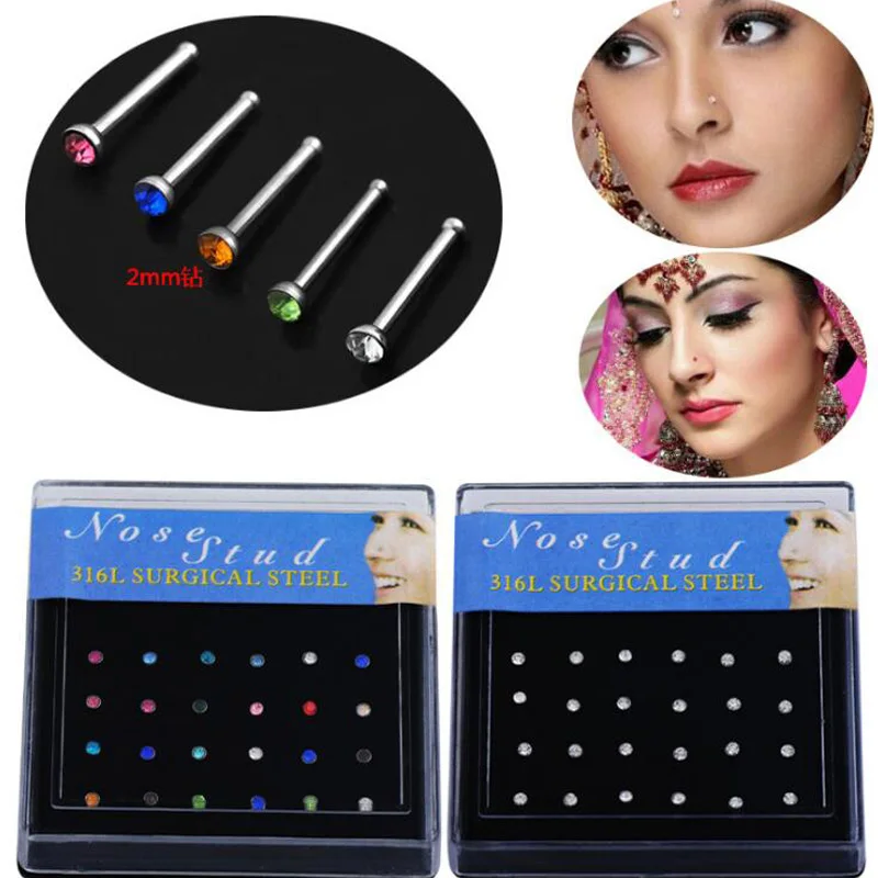 24 Pcs/Lot Mini Austria Crystal Nose Rings & Studs 20 Gauge Rod 0.8*2mm Surgical Steel Nostril Piercing Labret Ear Body Jewelry