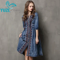 Summer Style Vestidos 2017Yuzi.may Vintage Cotton Dress Half Sleeve V-Neck A-Line All Match Drawstring Loose Women Dresses A6531