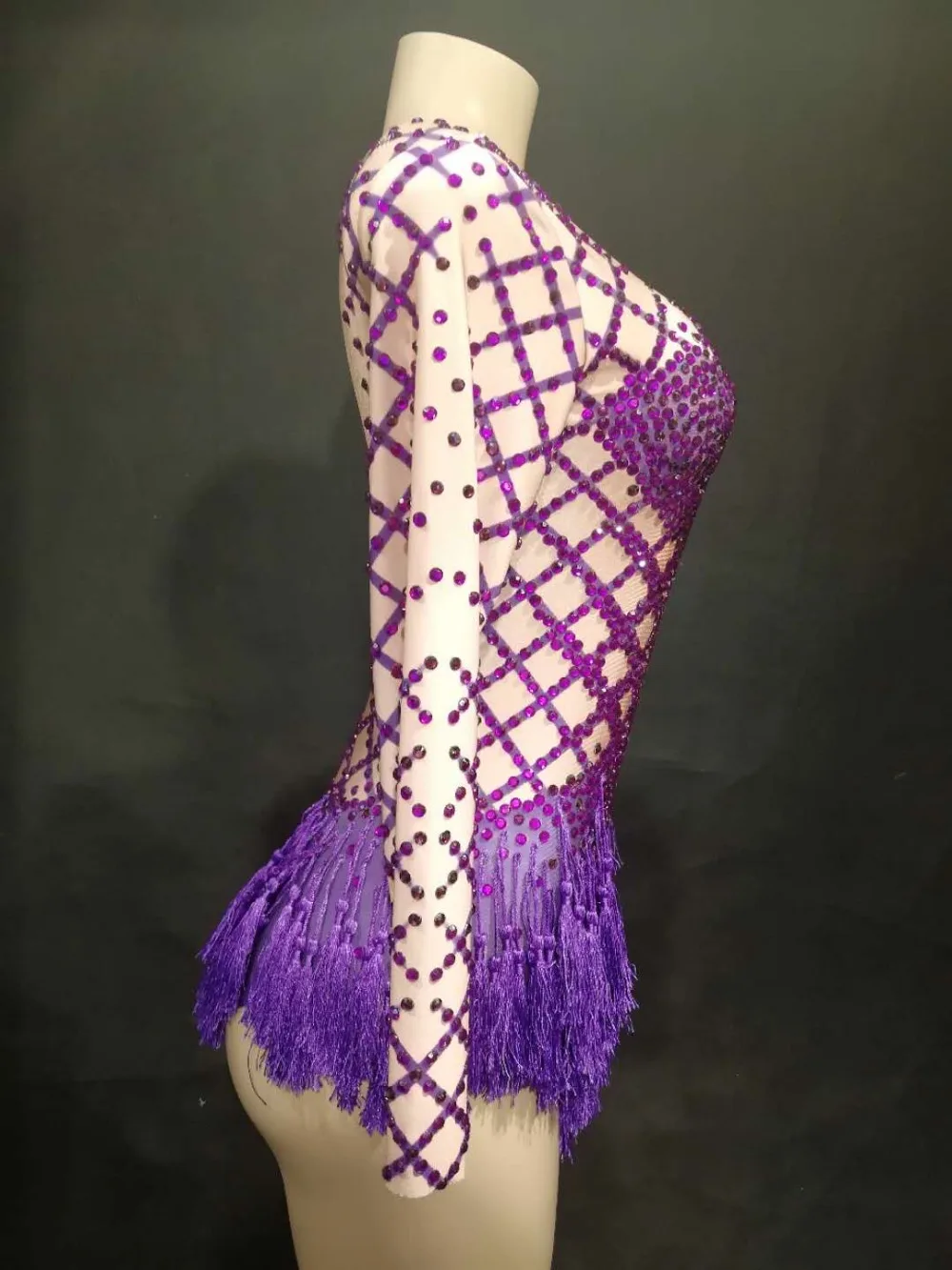 2020 Women New Purple Tassel Sexy Bodysuit Full Shiny Rhinestone Costumes Celebrate Nightclub Party Singer Dancer Stage Wear