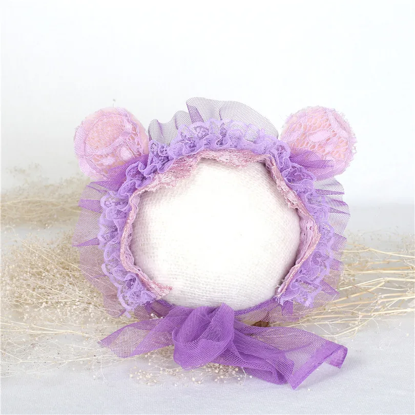 

Purple Newborn Lace Bear hat Cute Baby girl Teddy bear bonnet hat photography props Newborn Christmas sitter photo props