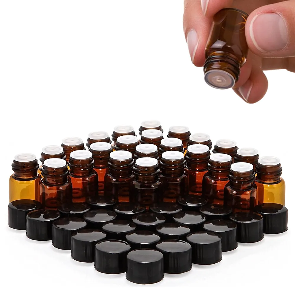 24pcs DIY Essential Oil Kit 2ml 5/8 Drams Small Amber Glass Bottle Vials With Orifice Reducer & Black Cap Blank Label Included