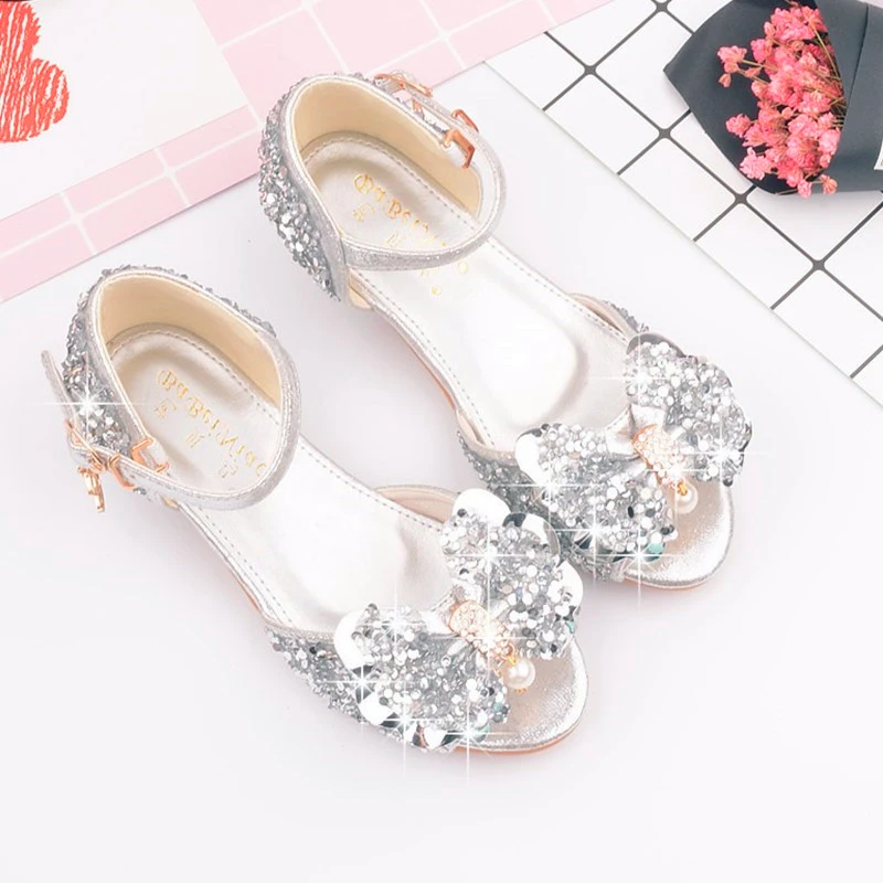 Children Crystal Bow Shiny High Heels Sandals For Girls Weddings Girls Sandals Crystal High Heel Shoes Banquet Pink Gold Silver