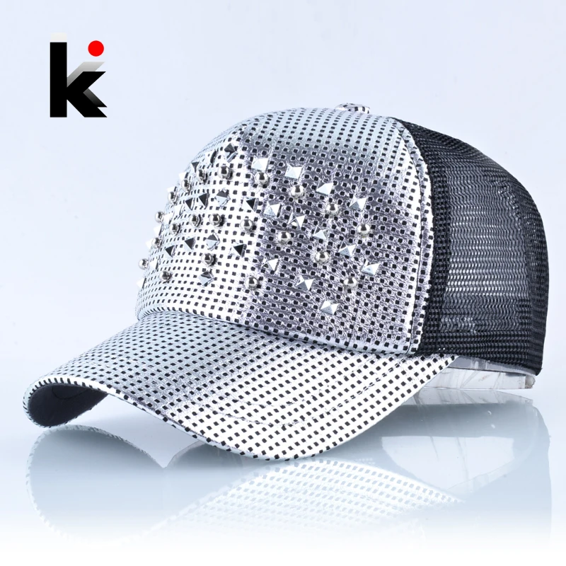 Fashion Women Baseball Cap Men Shinning Hip Hop Casquette Rivet Snapback Trucker Bones Boys Summer Breathable Mesh K pop Hats