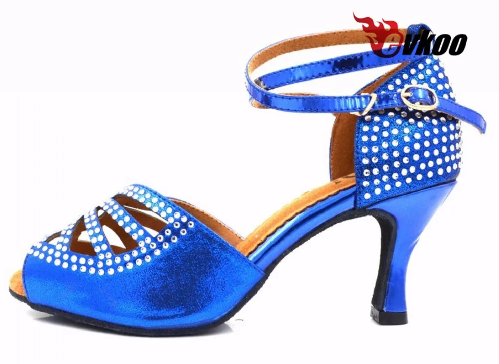 Evkoodance customsize us 4-12 dancing shoes blue satin pu with rhinostone 6cm heel height women dance shoes Evkoo-494