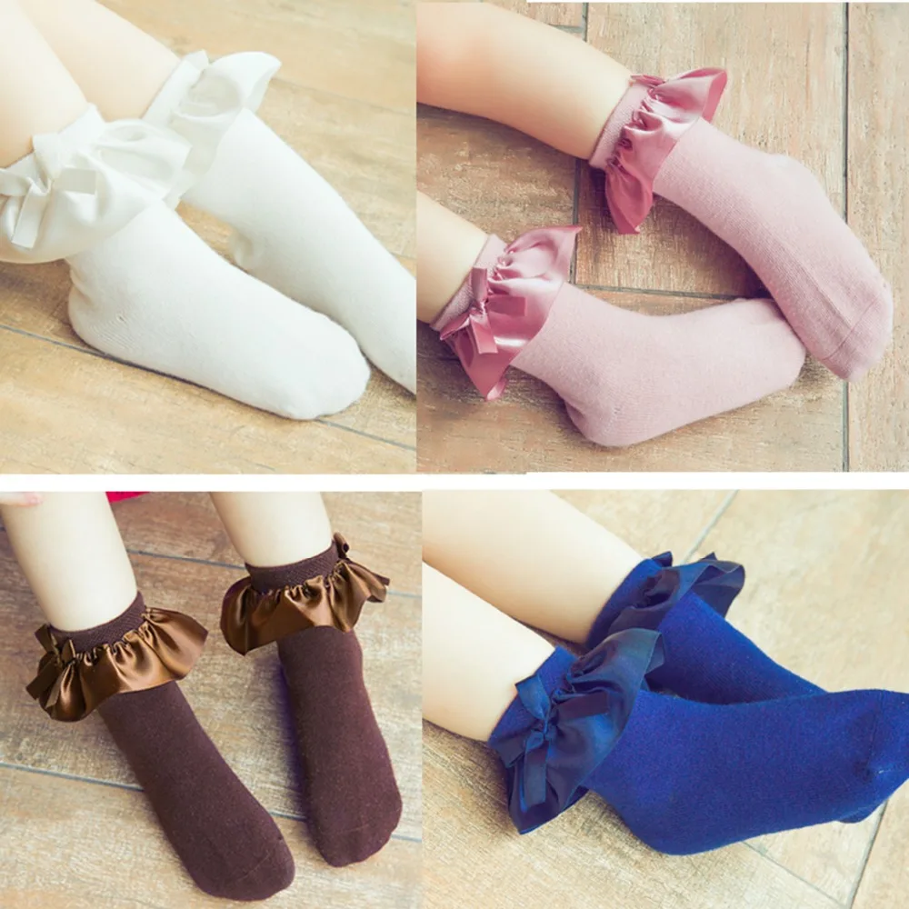 Kid Girl Lace Baby Socks With Bow Knot Frilly Princess socks Toddler Cotton Ankle Sock Solid Colors Fashion Gift