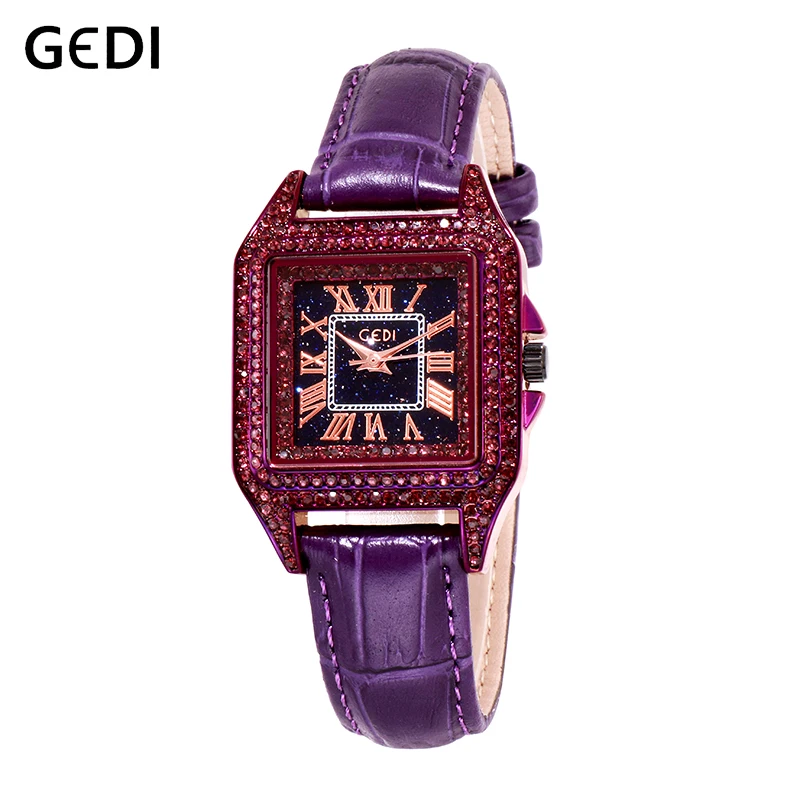 GEDI Luxury Rhinestone Top Watches for Women Quartz Female Wrist Watch Fashion Ladies Clock Girls Wristwatch Leather Strap New