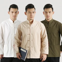 Long Sleeve Cotton Traditional Chinese Clothes Tang Suit Top Men Kung Fu Tai Chi Uniform Shirt Blouse Hanfu male pure costume