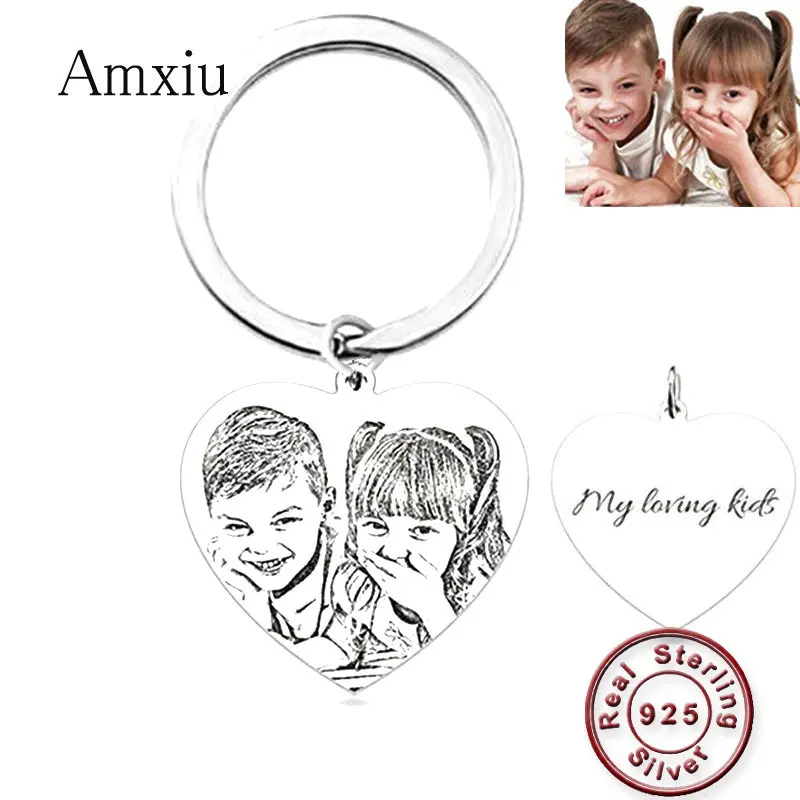 

Amxiu Customize 925 Silver Heart Pendant Keychains Engrave Name Photo Key Chains For Mom Women's Day Gifts Personalized Jewelry