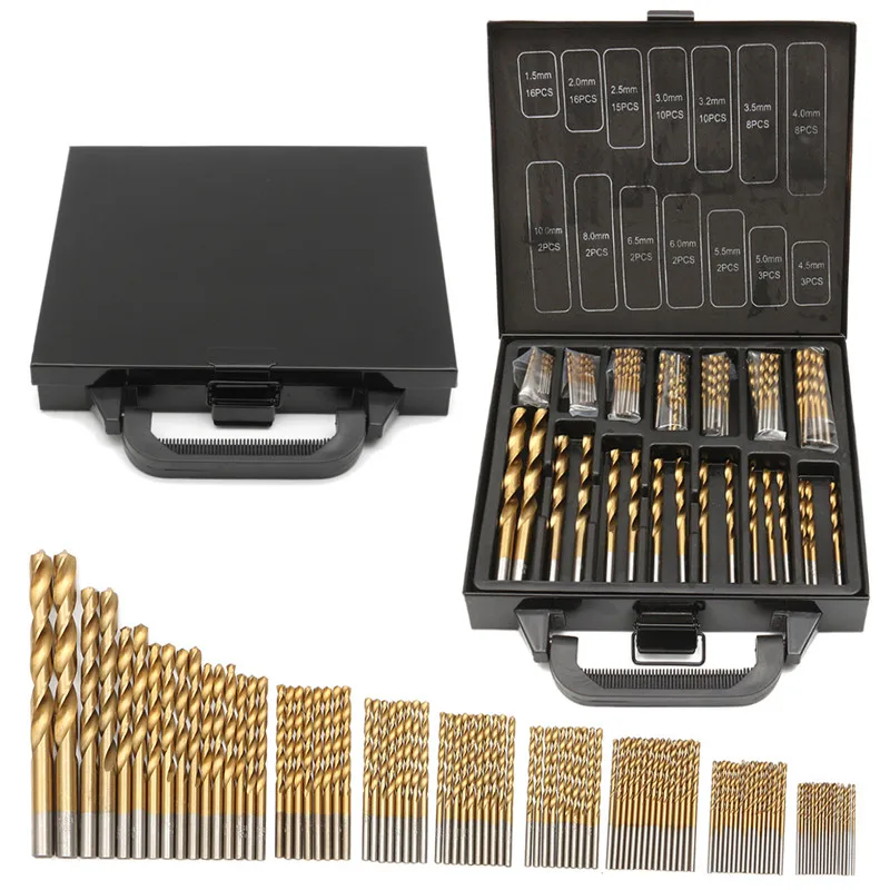 Milda Iron Box packing 99PCS HSS Twist Drill Bits Set 1.5-10mm Titanium Coated Surface 118 Degree For Drilling woodworking