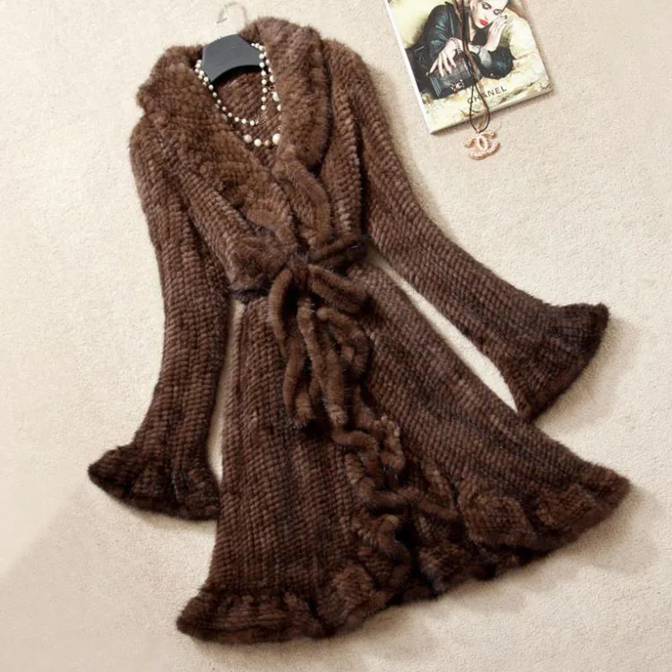 Luxury Women Genuine Mink fur ruffle design Knitted Mink Fur Coat Jackets Natural fur Outerwear Overcoat Long female