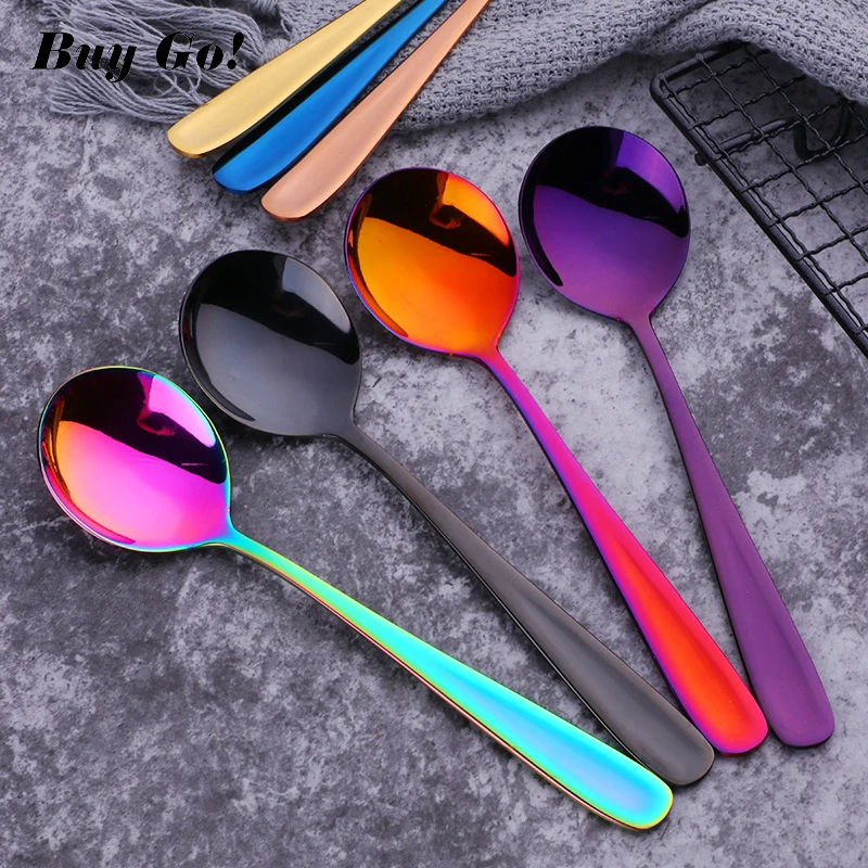 1PC Stainless Steel Round Spoon Gold Small Soup Spoon Dinner Server Flatware Tea Coffee Dessert Dinnerware Party Restaurant Tool