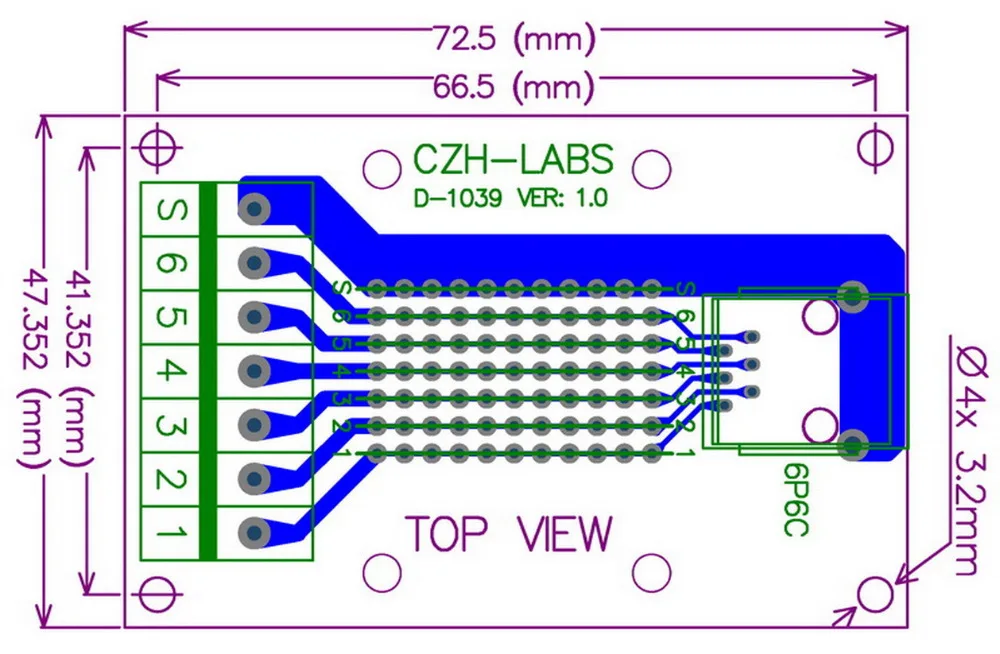 RJ11/RJ12 6P6C Right Angle Jack Breakout Board, Terminal Block Connector.