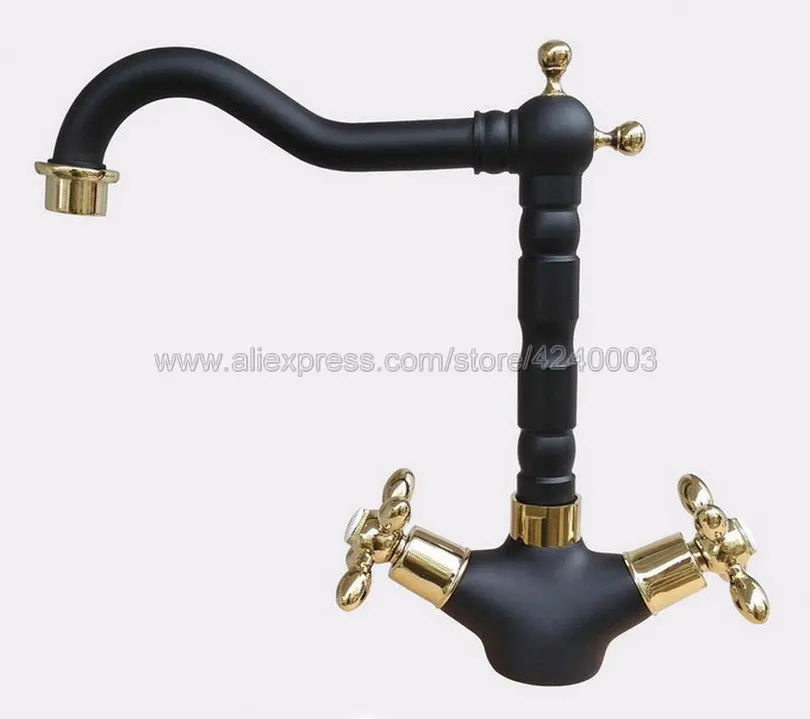 Grifos de lavabo de latón dorado y bronce frotado, manijas dobles, mezclador giratorio de lavabo de baño, Knf808 grifo de agua caliente y fría, color negro